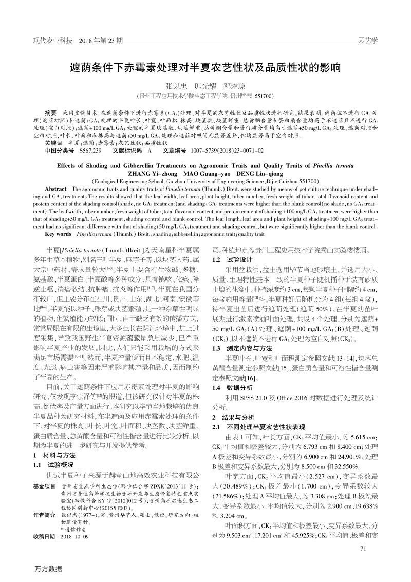 遮荫条件下赤霉素处理对半夏农艺性状及品质性状的影响.pdf_第1页