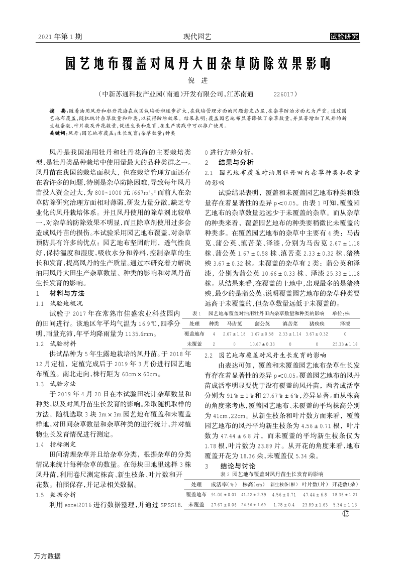 园艺地布覆盖对凤丹大田杂草防除效果影响.pdf_第1页