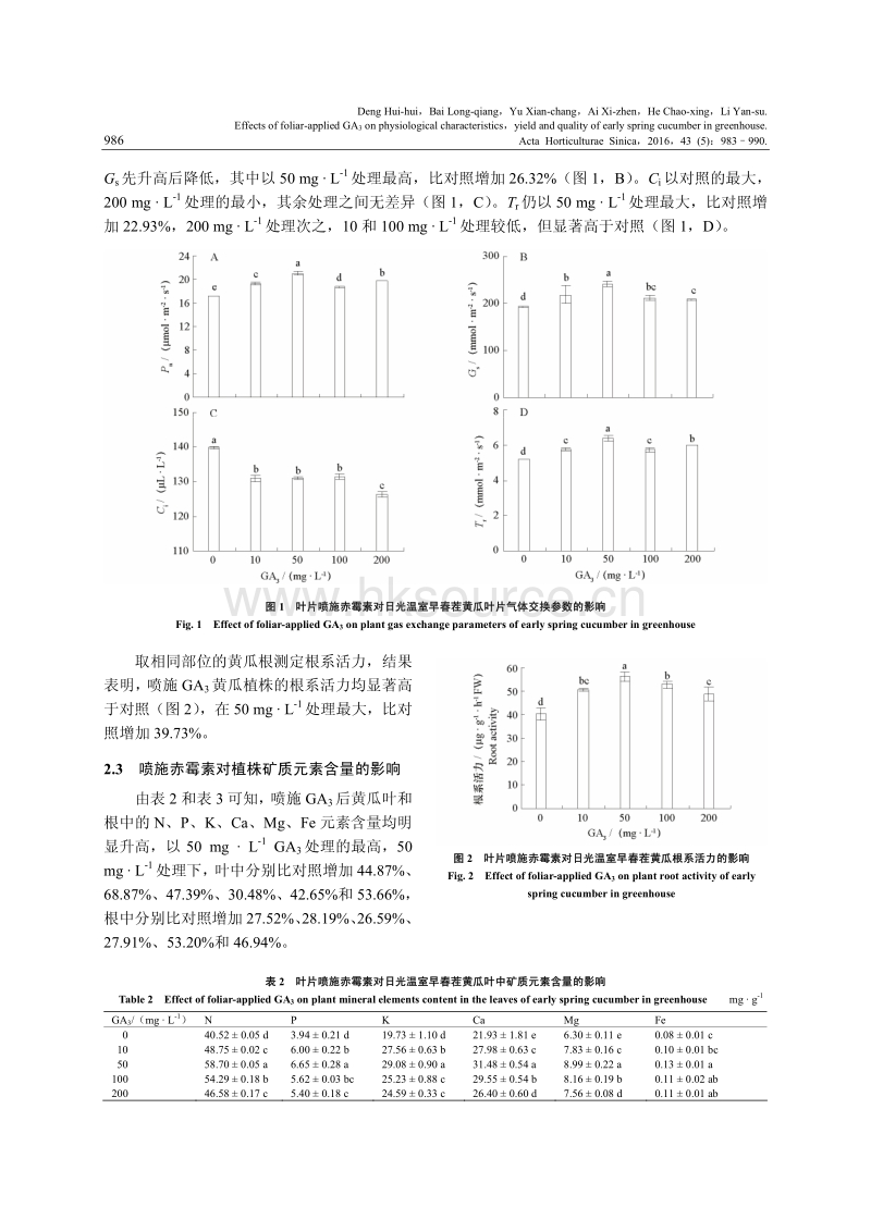 日光温室早春黄瓜叶片喷施赤霉素对生长和生理及产量的影响.pdf_第4页