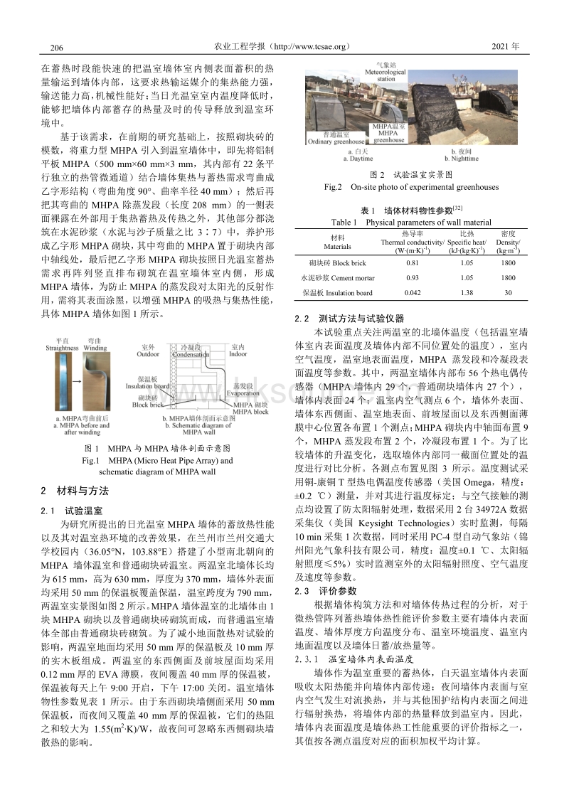 日光温室平板微热管阵列蓄热墙体热性能试验.pdf_第2页