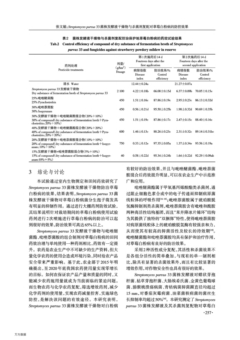 Streptomyces parvus 33菌株发酵液干燥物与杀菌剂复配对草莓白粉病的防控效果.pdf_第4页