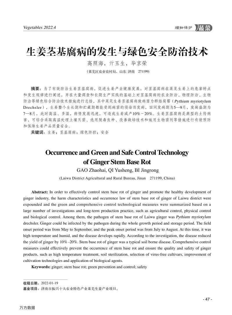 生姜茎基腐病的发生与绿色安全防治技术.pdf_第1页