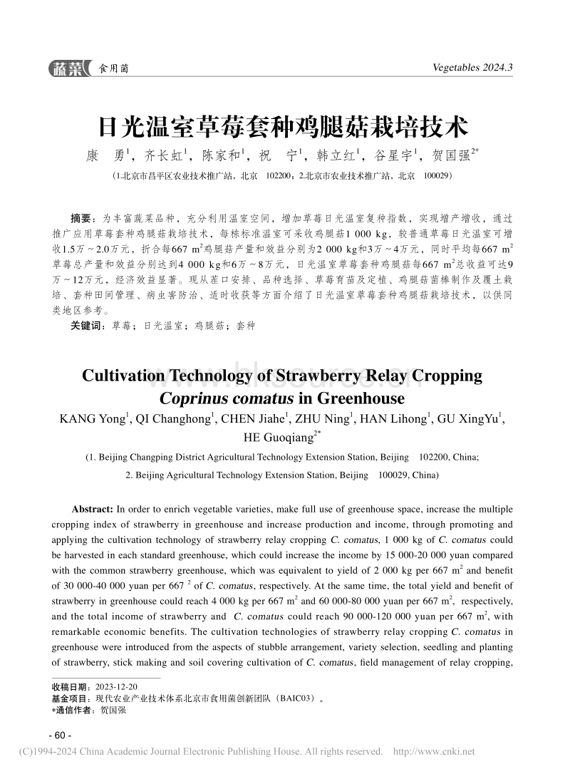 日光温室草莓套种鸡腿菇栽培技术_康勇.pdf_第1页